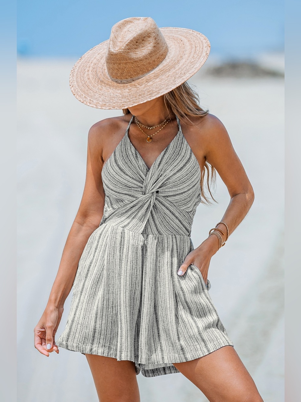 Cupshe Striped Twist-Front Halter Swim Coverup Romper in Light Gray